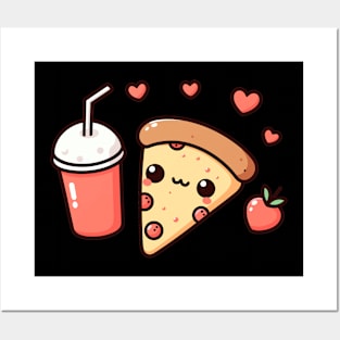 Pepperoni Pizza Slice with Milkshake and Hearts | Kawaii Style Food Art Posters and Art